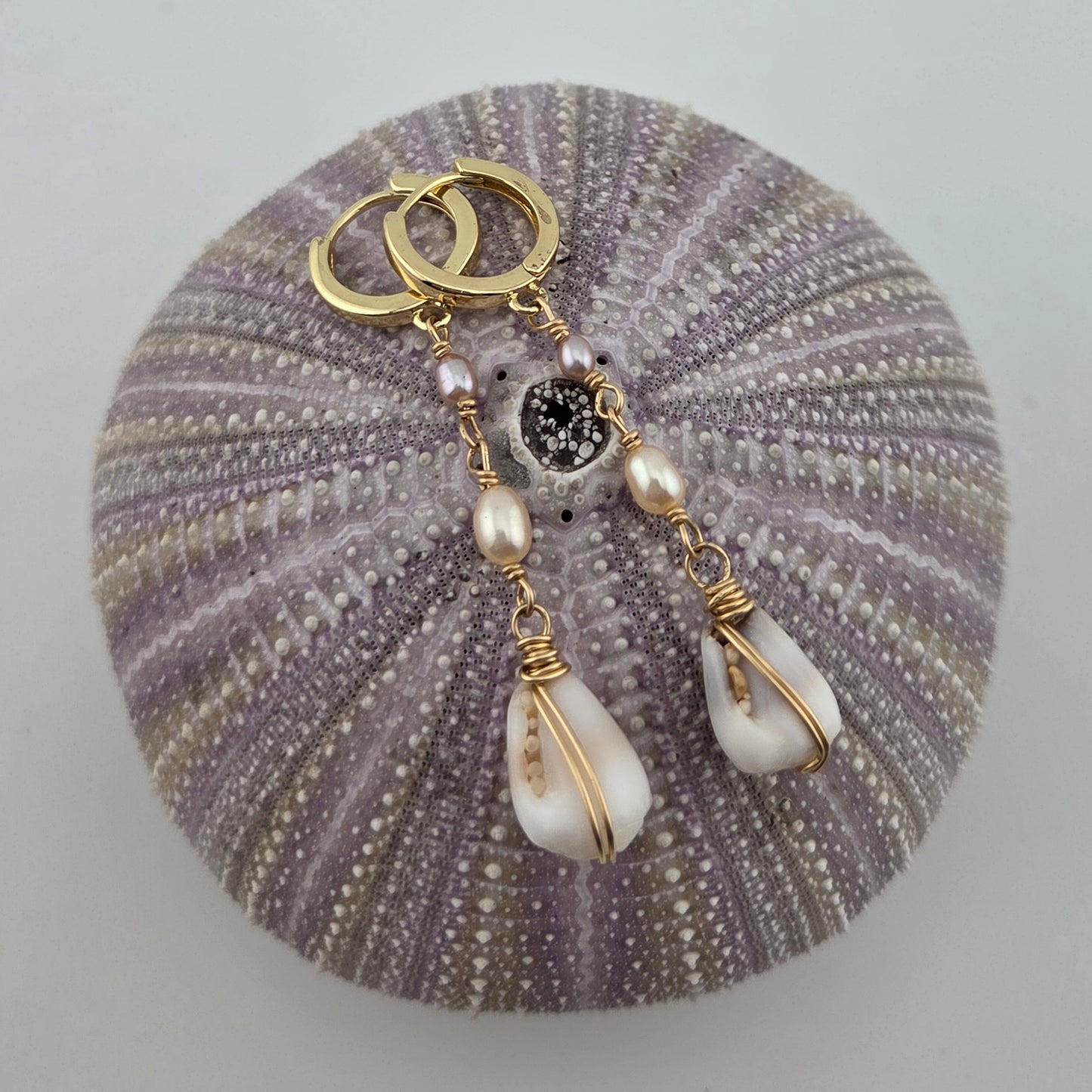 Tiny Cone Shell Earrings with Pearls