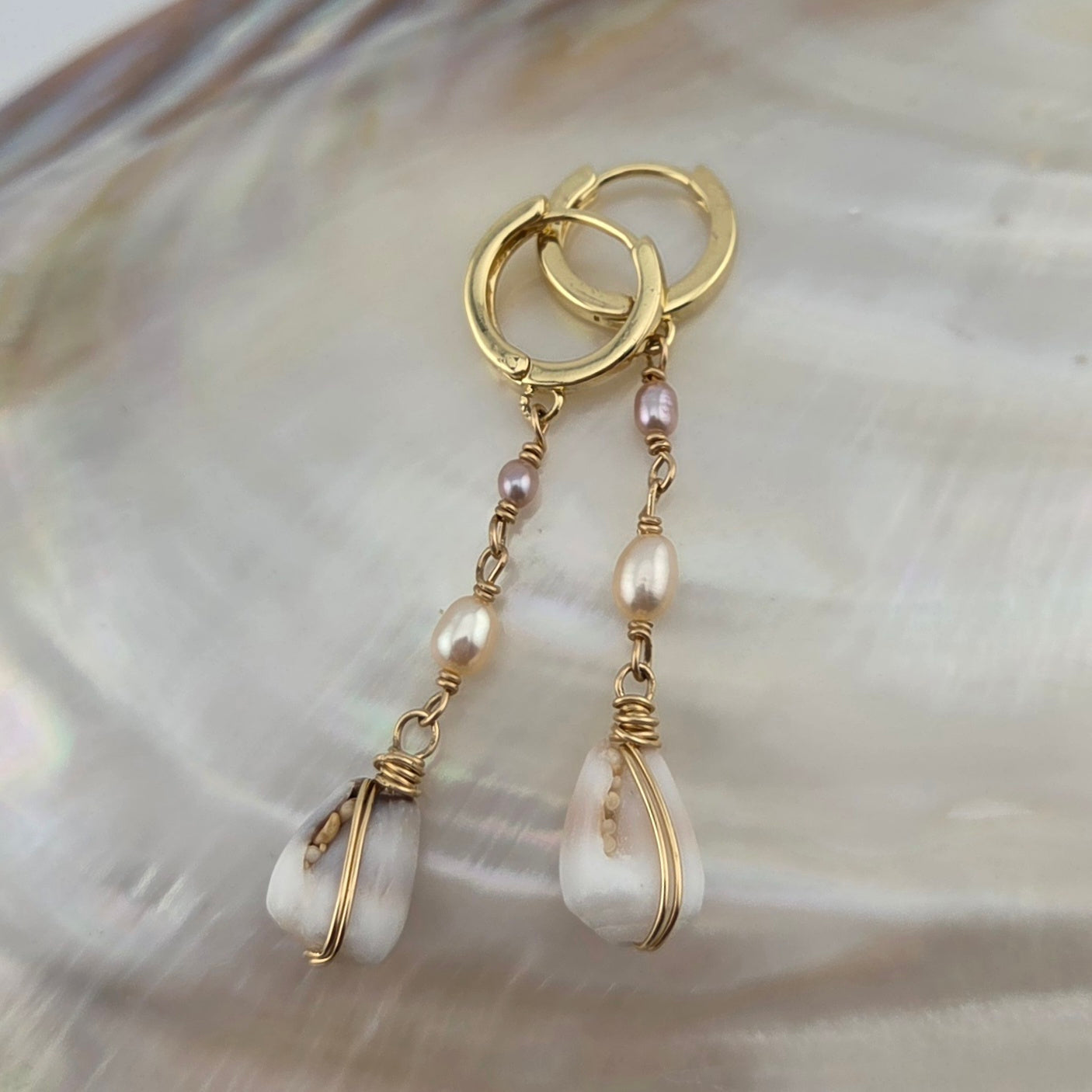 Tiny Cone Shell Earrings with Pearls