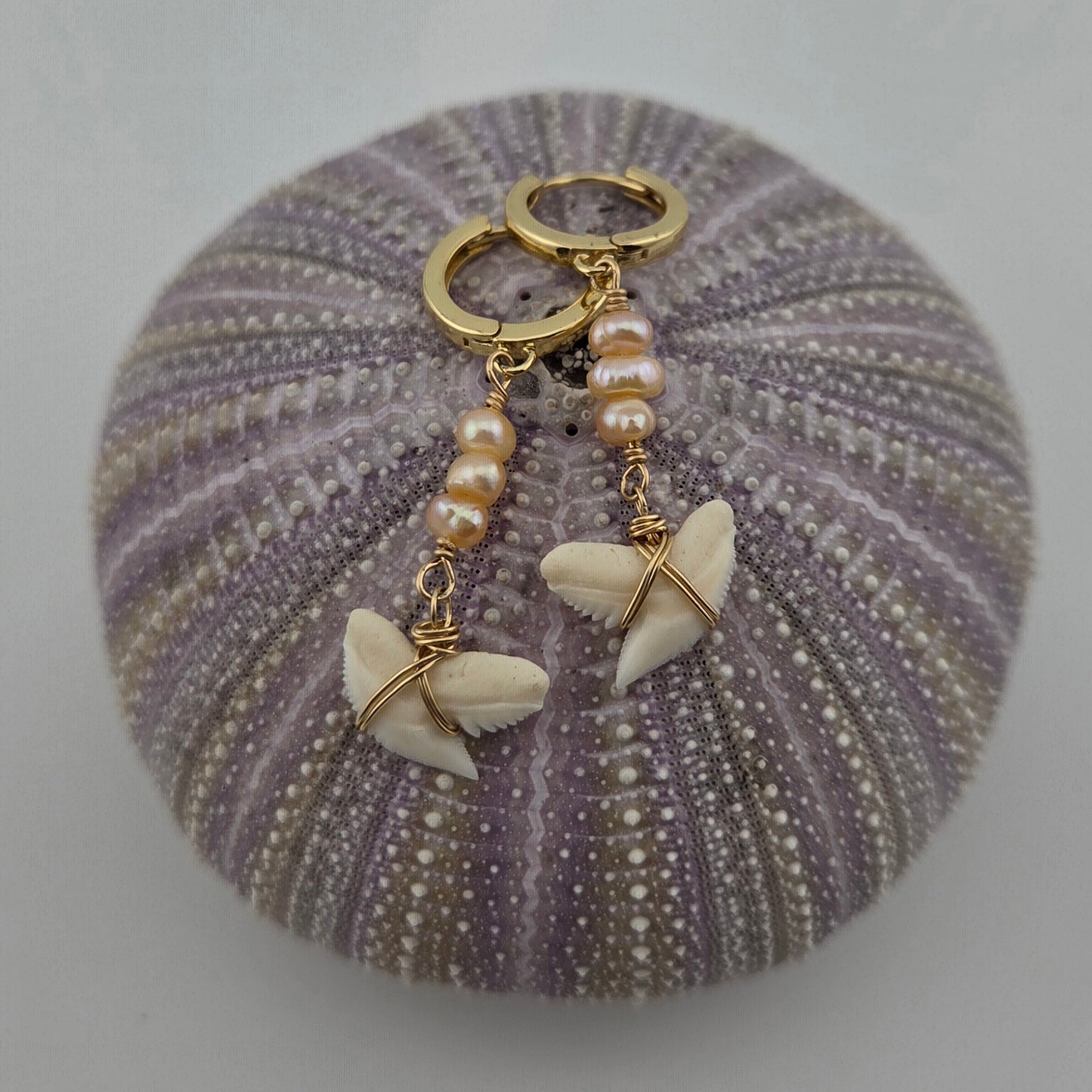 Tiger Shark Teeth Earrings with Peach Peals