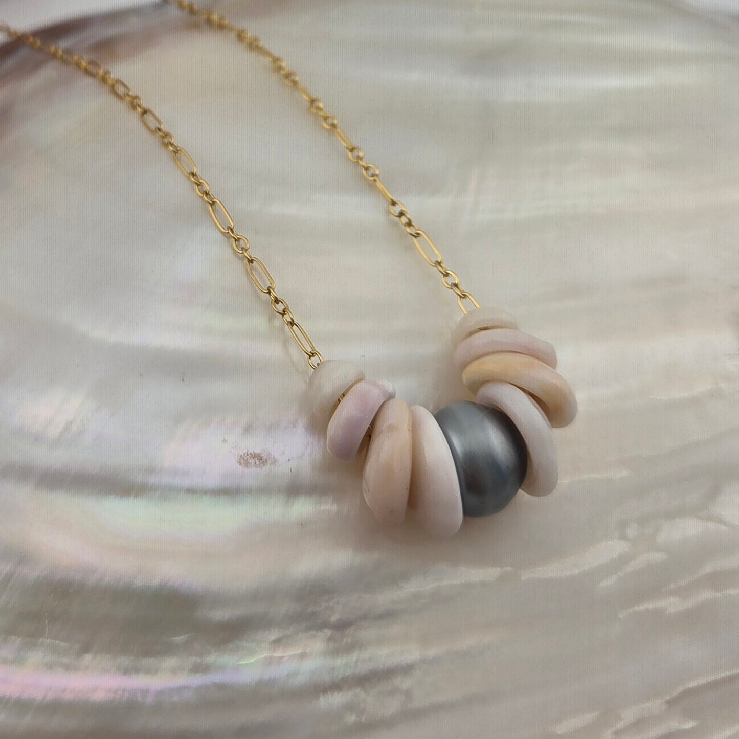 Tahitian Pearl Necklace with Hawaiian Puka Shells