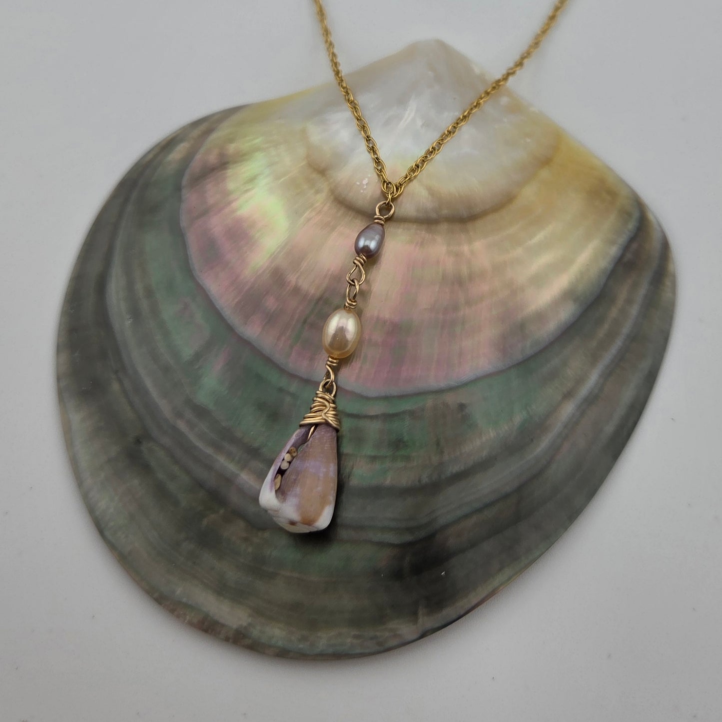 Dainty Cone Shell Drop Necklace with Pearls