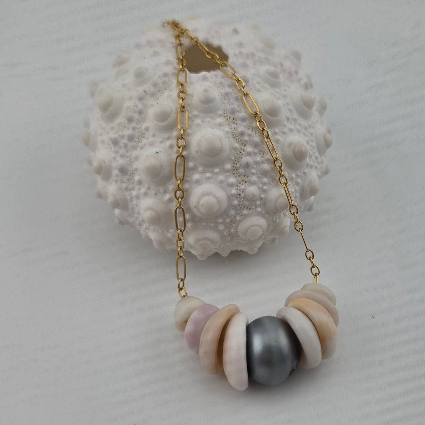 Tahitian Pearl Necklace with Hawaiian Puka Shells