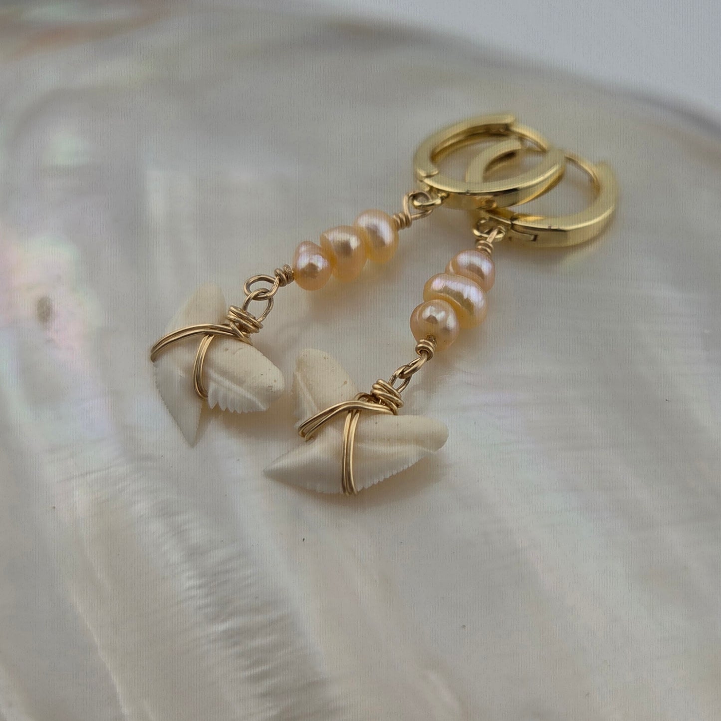 Tiger Shark Teeth Earrings with Peach Peals