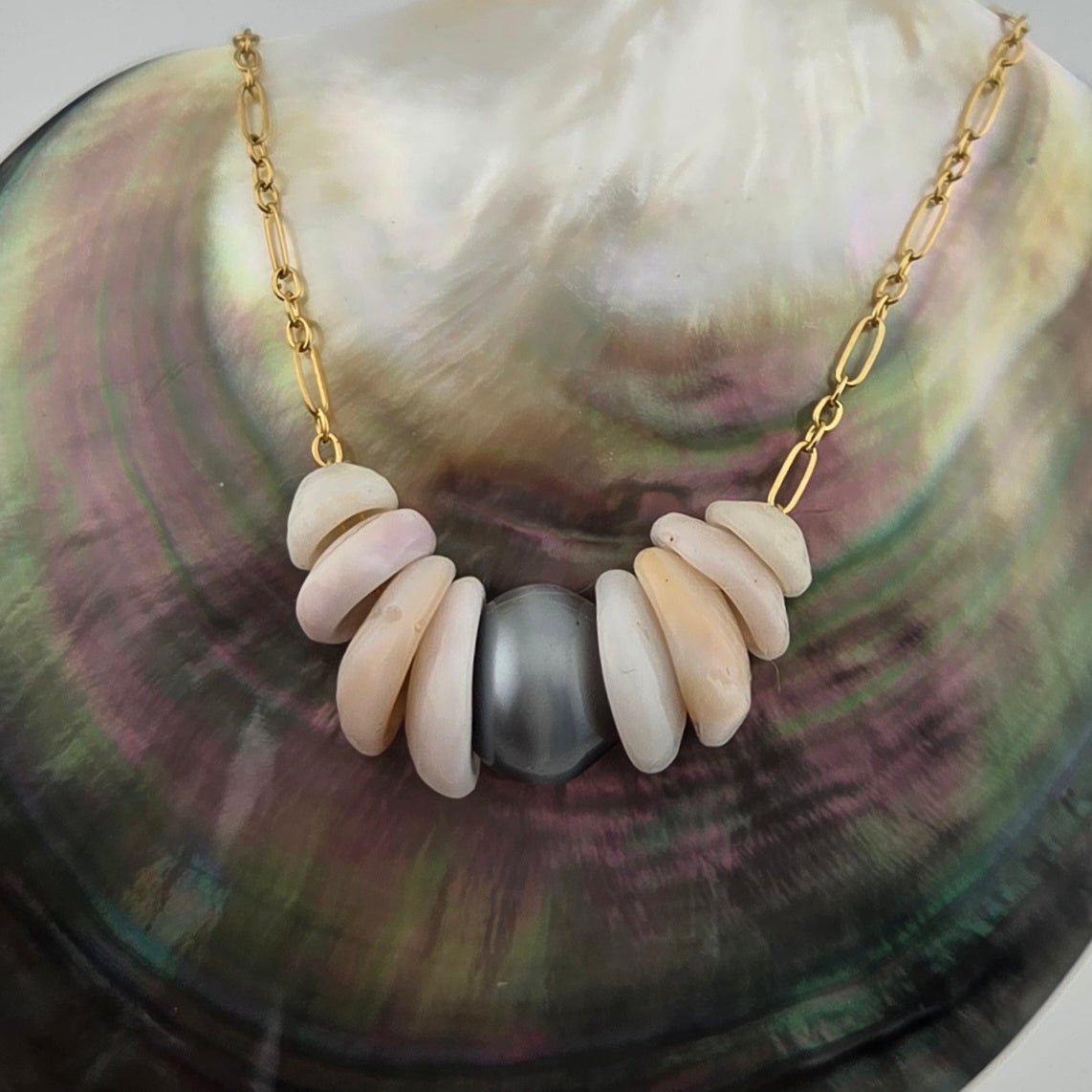 Tahitian Pearl Necklace with Hawaiian Puka Shells